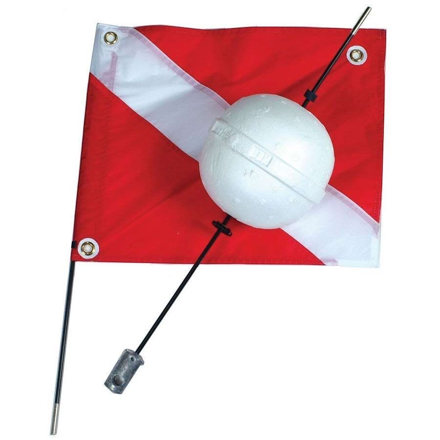 Dogfish Tackle & Marine red and white dive flag with white ball float and pole.