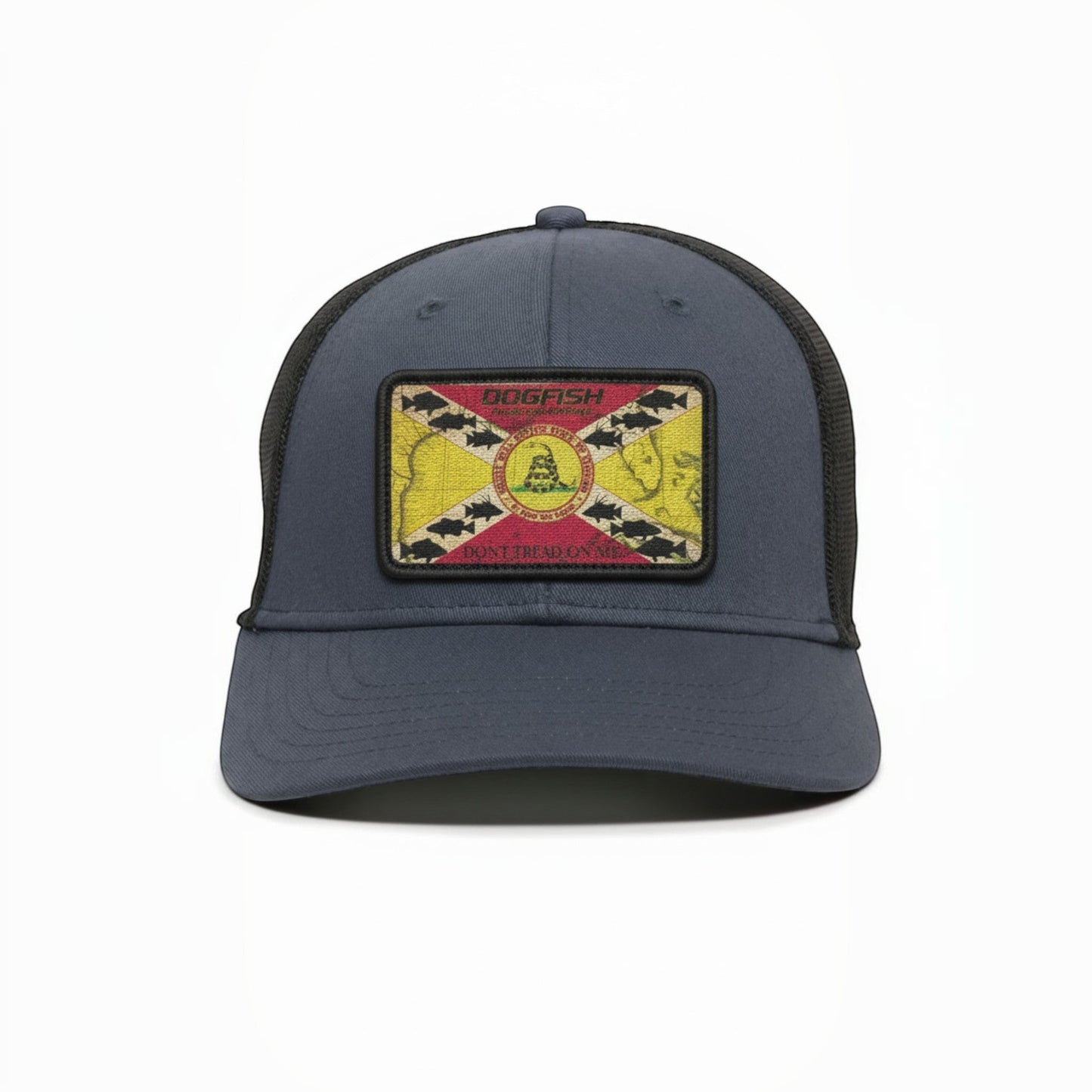 Dogfish Tackle & Marine navy blue trucker hat with a "Don't Tread On Me" flag patch featuring fish and a snake.