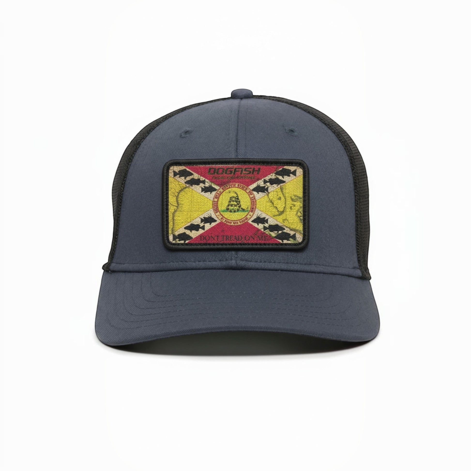 Dogfish Tackle & Marine navy blue trucker hat with a "Don't Tread On Me" flag patch featuring fish and a snake.