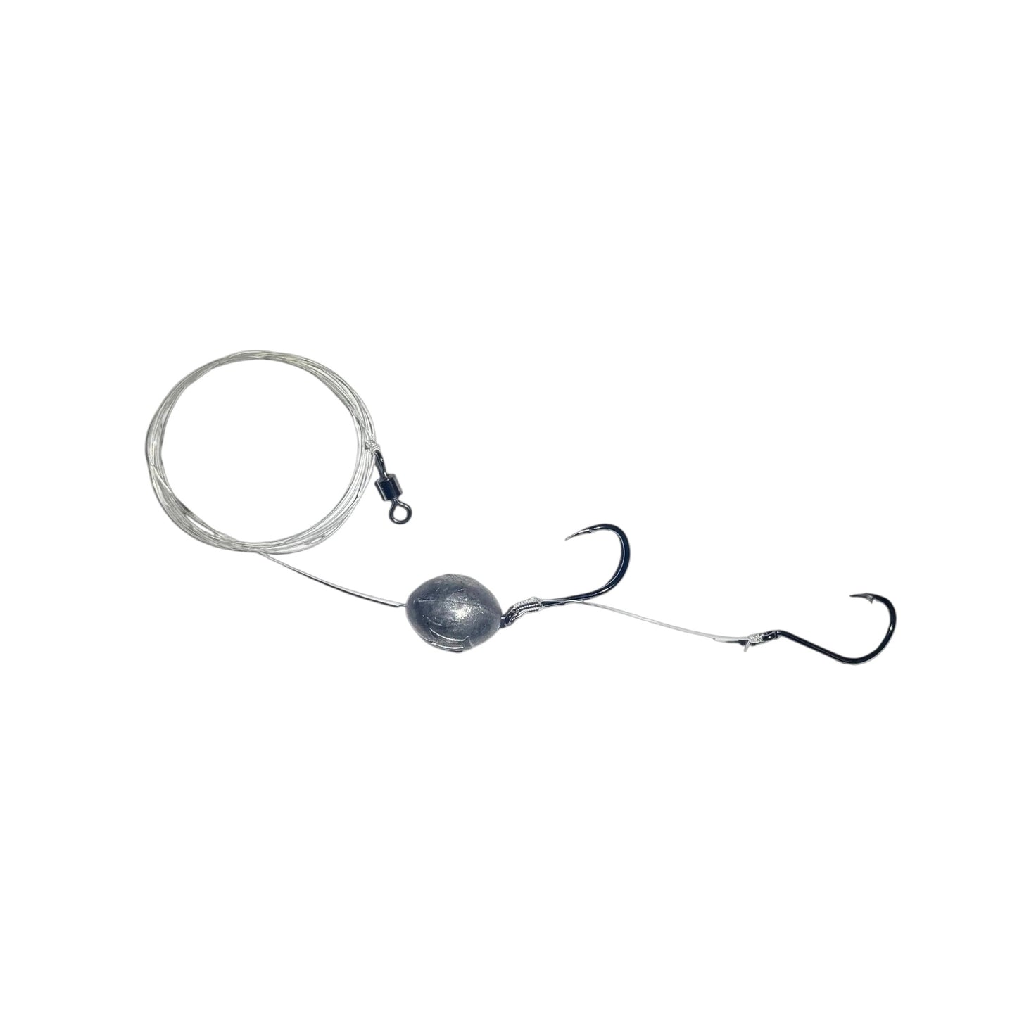 Dogfish Tackle & Marine pre-made double hook snapper rig with fluorocarbon leader, egg sinker, and black nickel hooks.