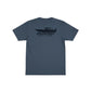 Dogfish Tackle & Marine heathered navy blue t-shirt with fishing boat graphic on back. Short sleeves, crew neck.