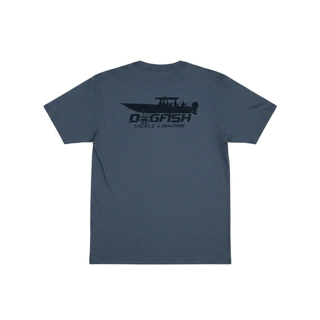 Dogfish Tackle & Marine heathered navy blue t-shirt with fishing boat graphic on back. Short sleeves, crew neck.
