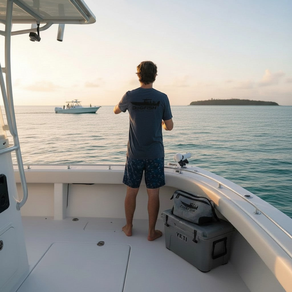 Dogfish Tackle & Marine heathered navy blue t-shirt with fishing boat graphic on back, worn by a man on a boat.