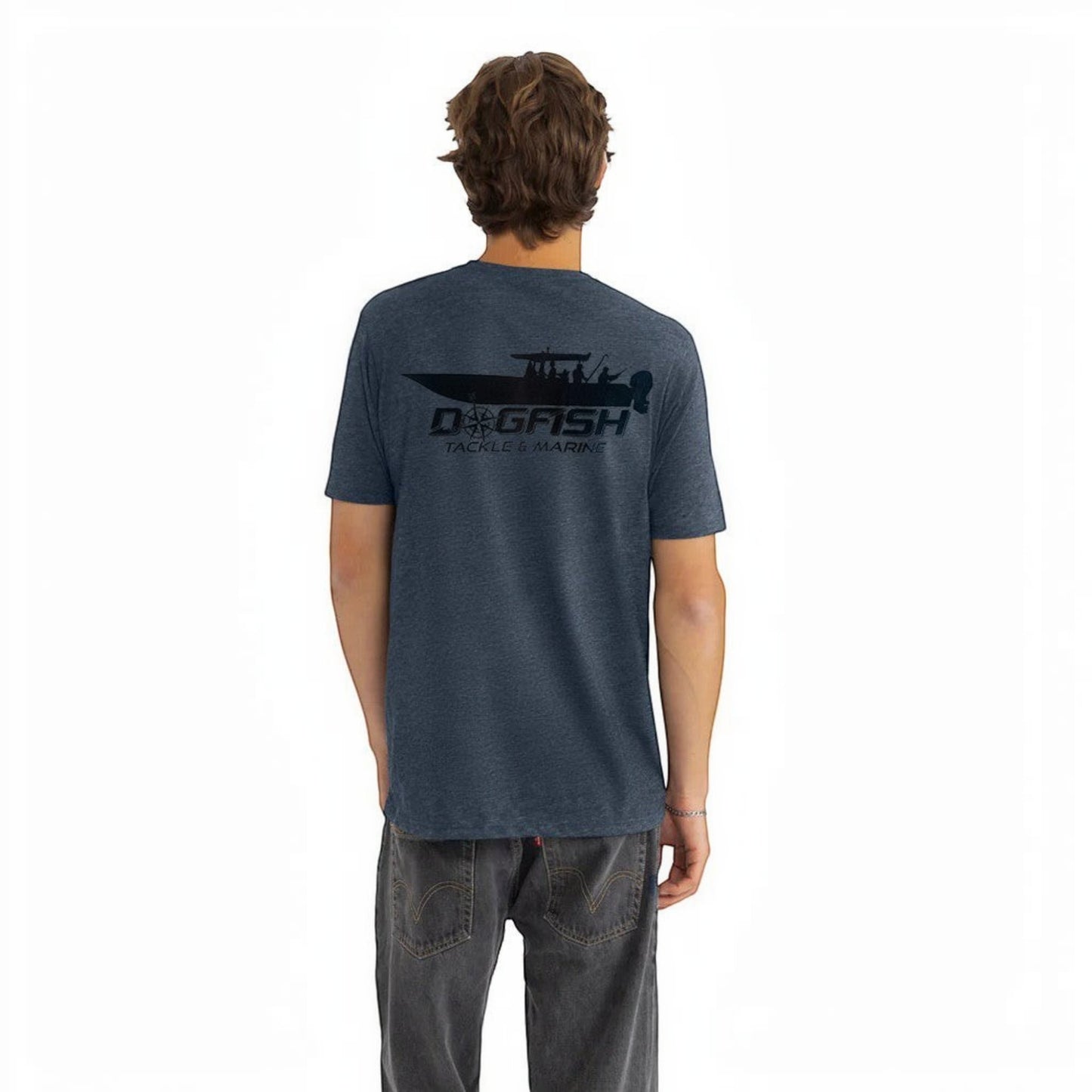 Dogfish Tackle & Marine heathered navy blue t-shirt with fishing boat graphic on back. Soft, breathable fabric.