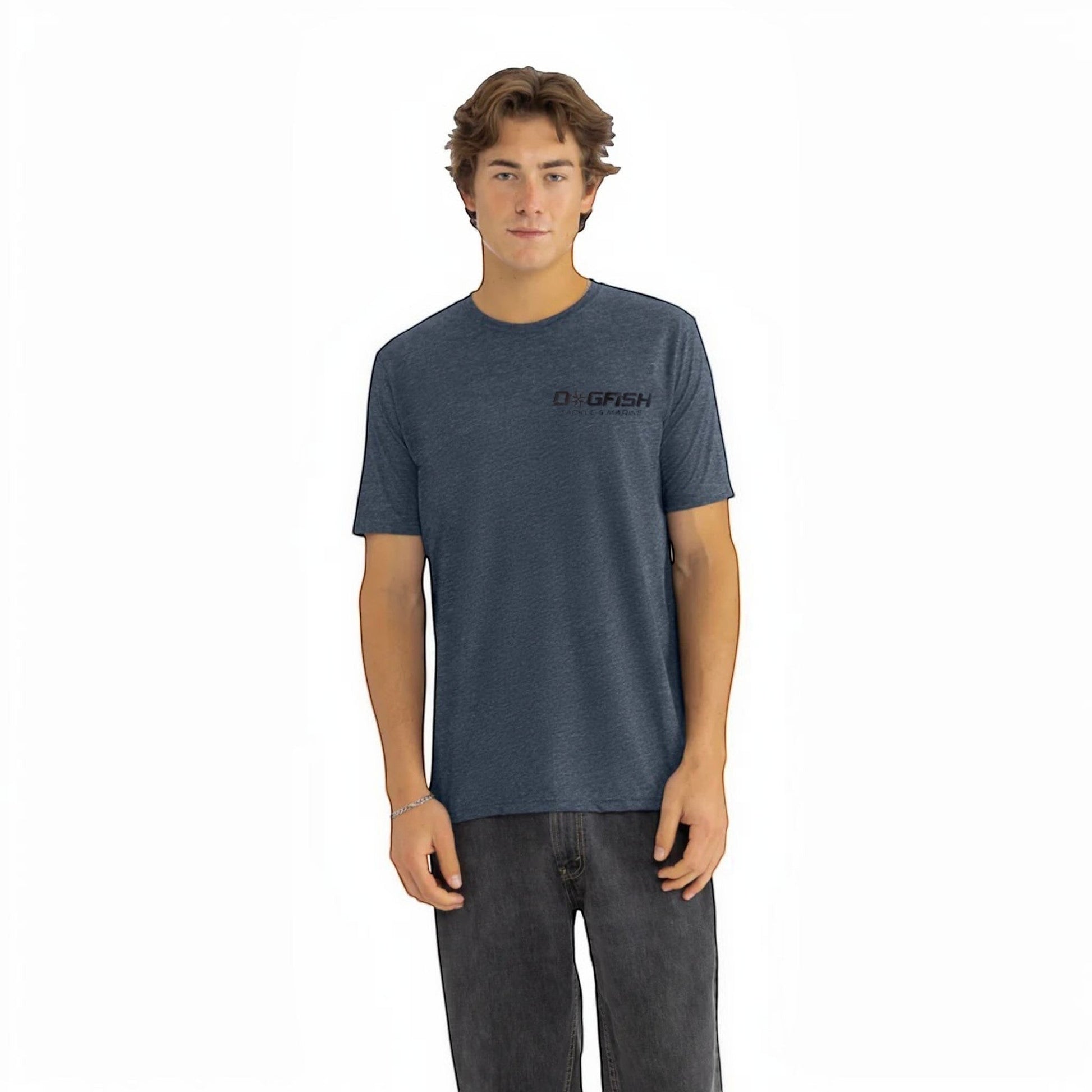 Dogfish Tackle & Marine heathered navy blue t-shirt with fishing boat graphic on back and logo on chest.