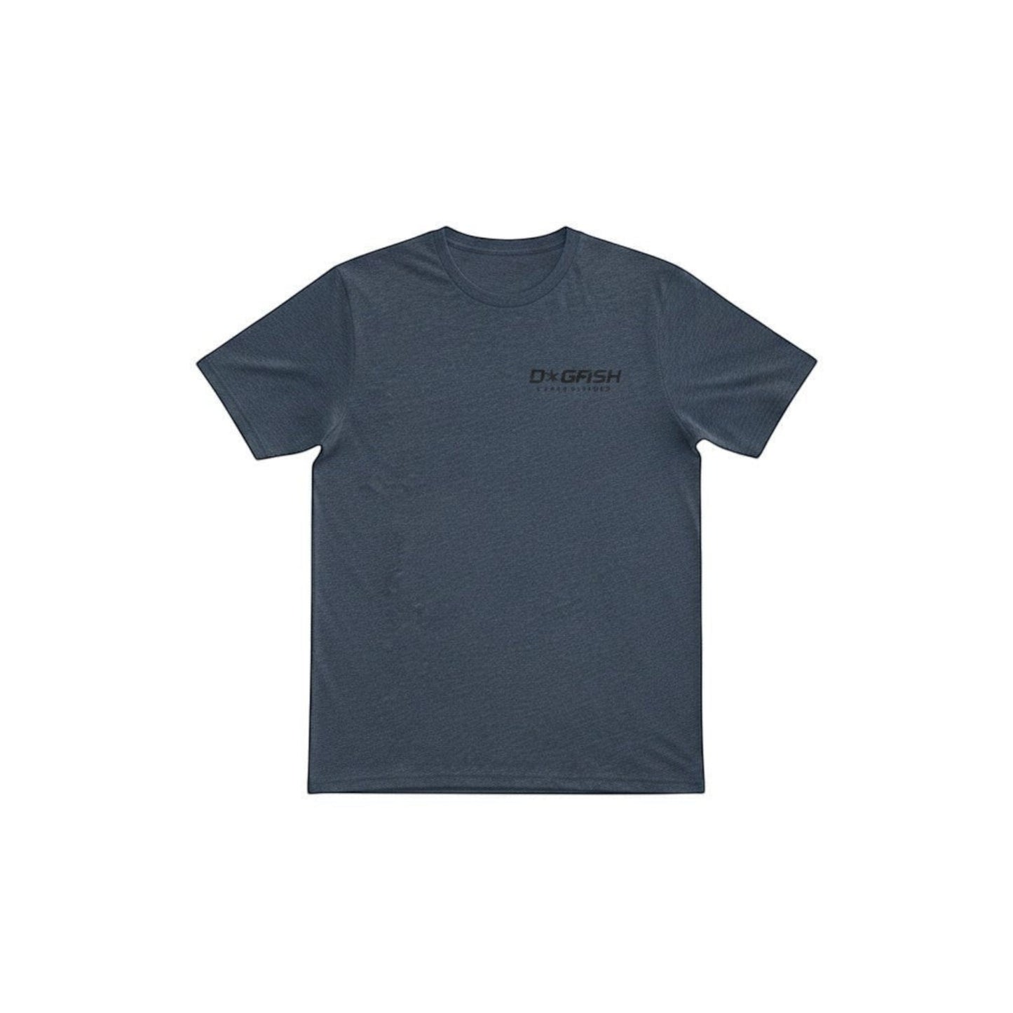 Dogfish Tackle & Marine heathered navy blue t-shirt with fishing boat graphic on back and logo on chest.