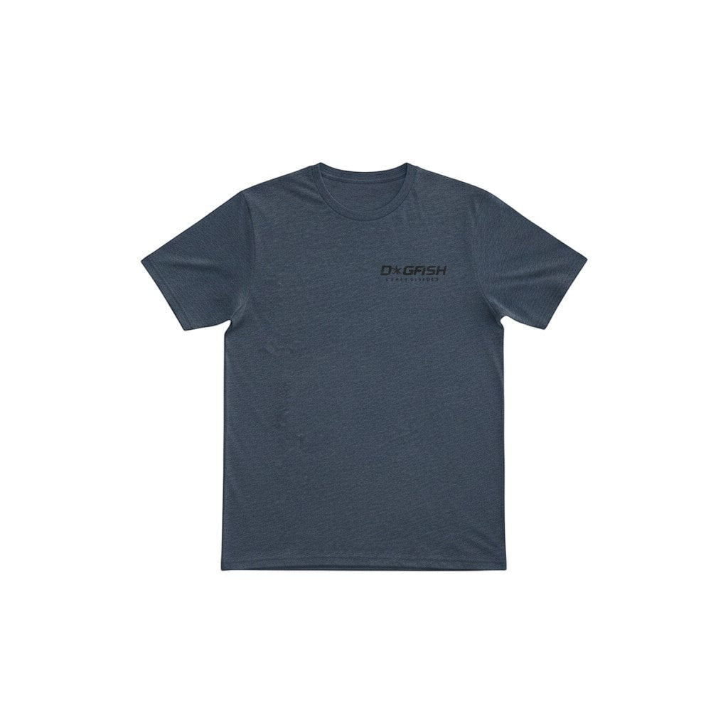 Dogfish Tackle & Marine heathered navy blue t-shirt with fishing boat graphic on back and logo on chest.