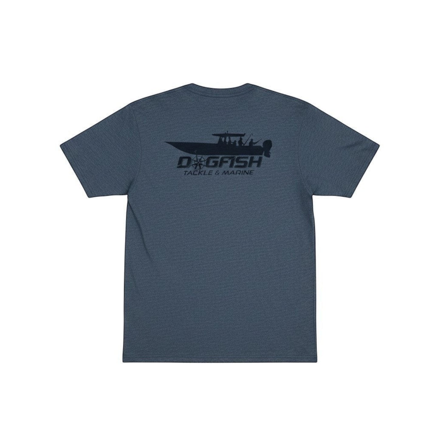 Dogfish Tackle & Marine heathered navy blue t-shirt with a black fishing boat graphic on the back.
