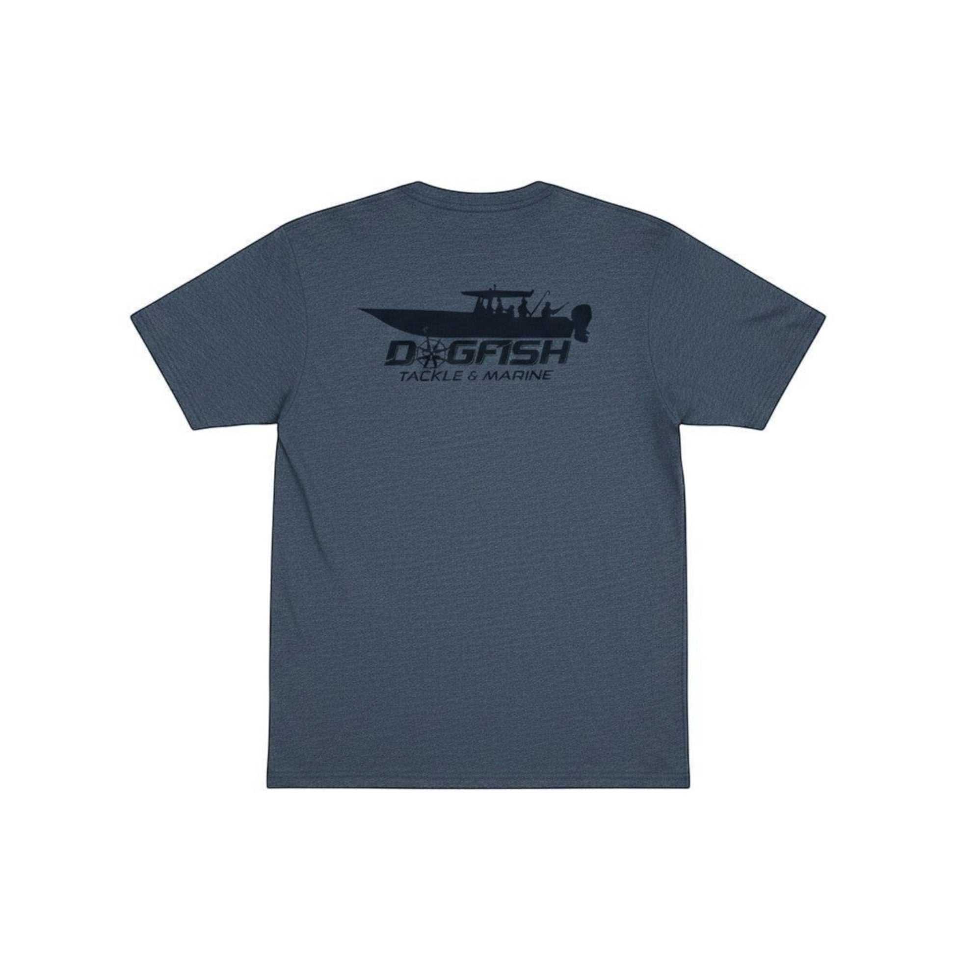 Dogfish Tackle & Marine heathered navy blue t-shirt with a black fishing boat graphic on the back.