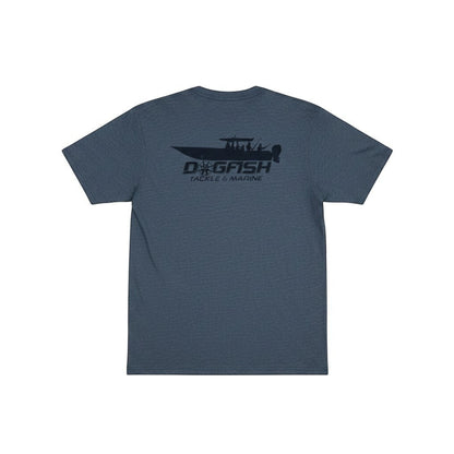 Dogfish Tackle & Marine heathered navy blue t-shirt with a black fishing boat graphic on the back.
