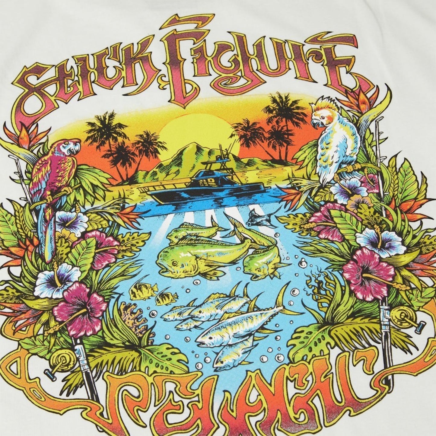 Dogfish Tackle & Marine white 60% cotton 40% polyester t-shirt with a vibrant tropical fishing scene graphic.