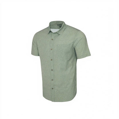 Dogfish Tackle & Marine light green short-sleeve button-down shirt with abstract stick figure pattern. UPF 50+.