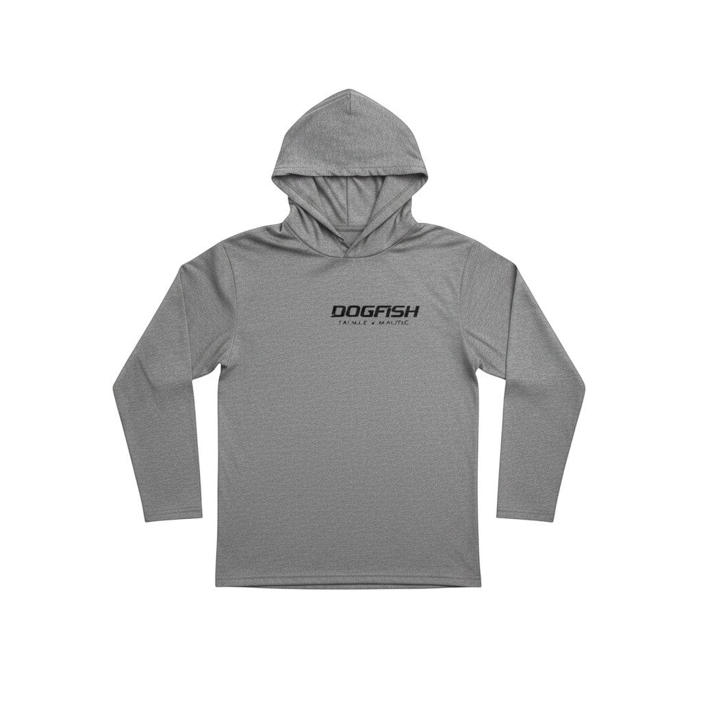 Dogfish Tackle & Marine grey long sleeve hooded performance polyester shirt with micro octopus logo.