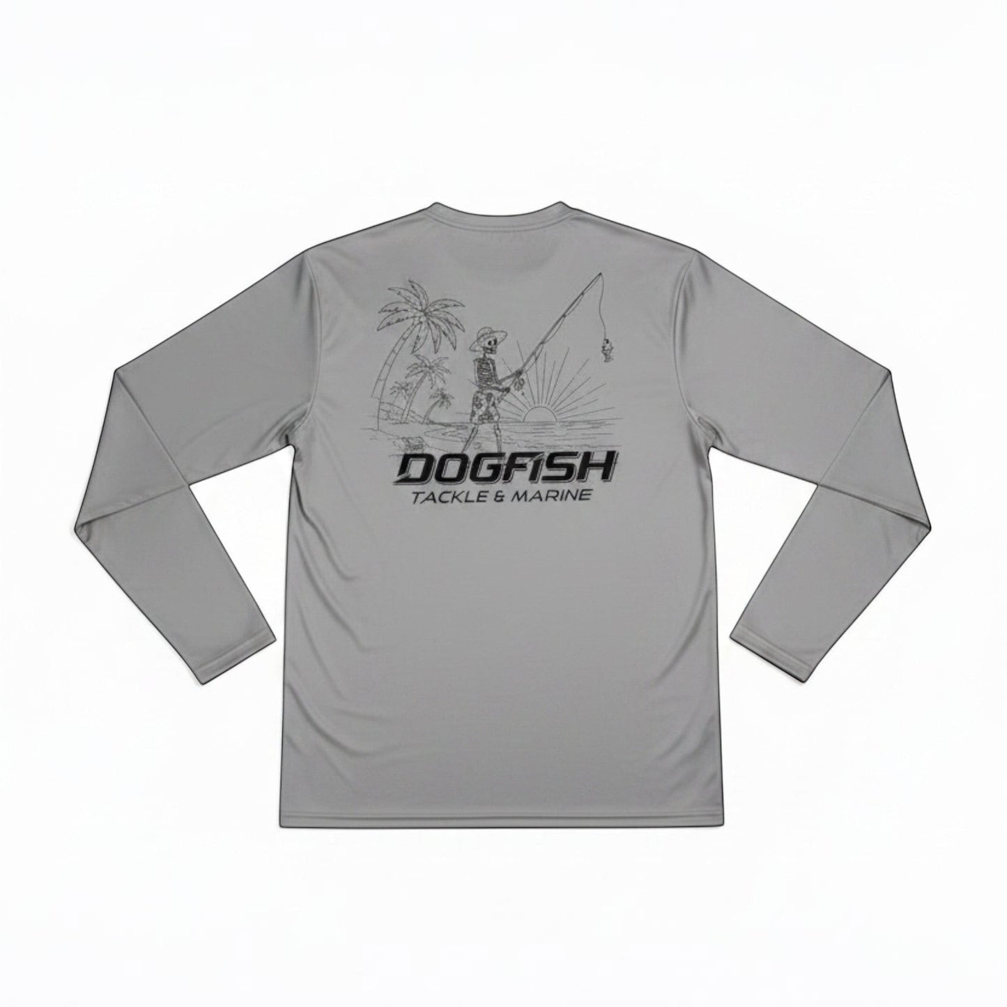 Dogfish Tackle & Marine grey long sleeve microfiber performance shirt with skeleton fishing graphic on beach.