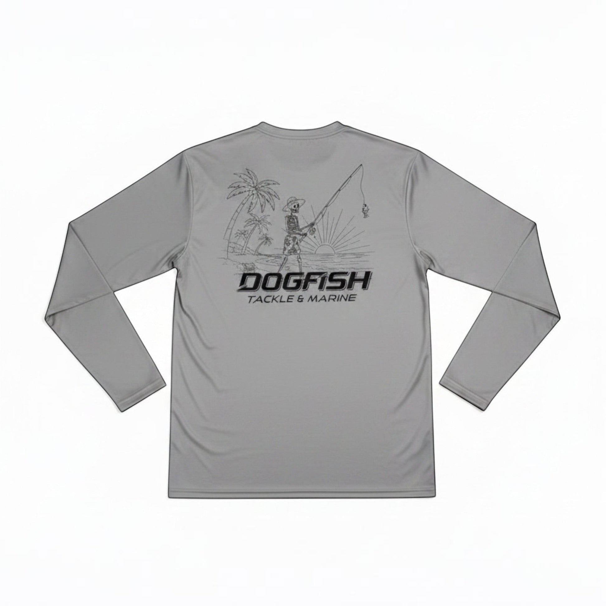 Dogfish Tackle & Marine grey long sleeve microfiber performance shirt with skeleton fishing graphic on beach.