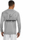 Dogfish Tackle & Marine grey long sleeve microfiber performance shirt with skeleton fishing graphic on back.