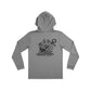 Dogfish Tackle & Marine grey long sleeve hooded performance polyester shirt with octopus and anchor graphic on back.