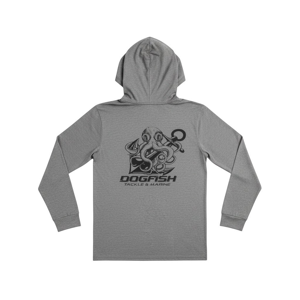 Dogfish Tackle & Marine grey long sleeve hooded performance polyester shirt with octopus and anchor graphic on back.