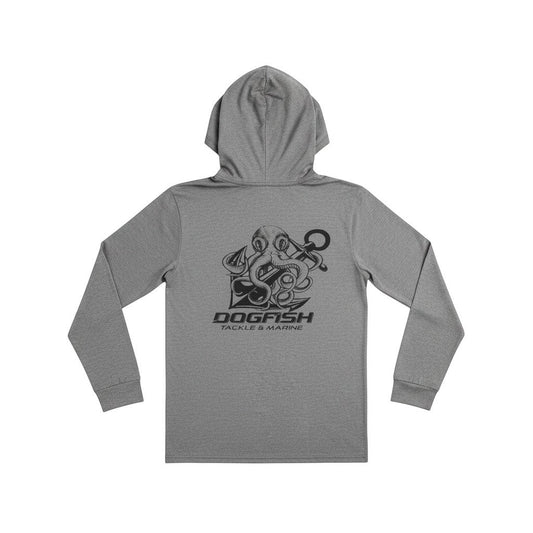 Dogfish Tackle & Marine grey long sleeve hooded performance polyester shirt with octopus and anchor graphic on back.