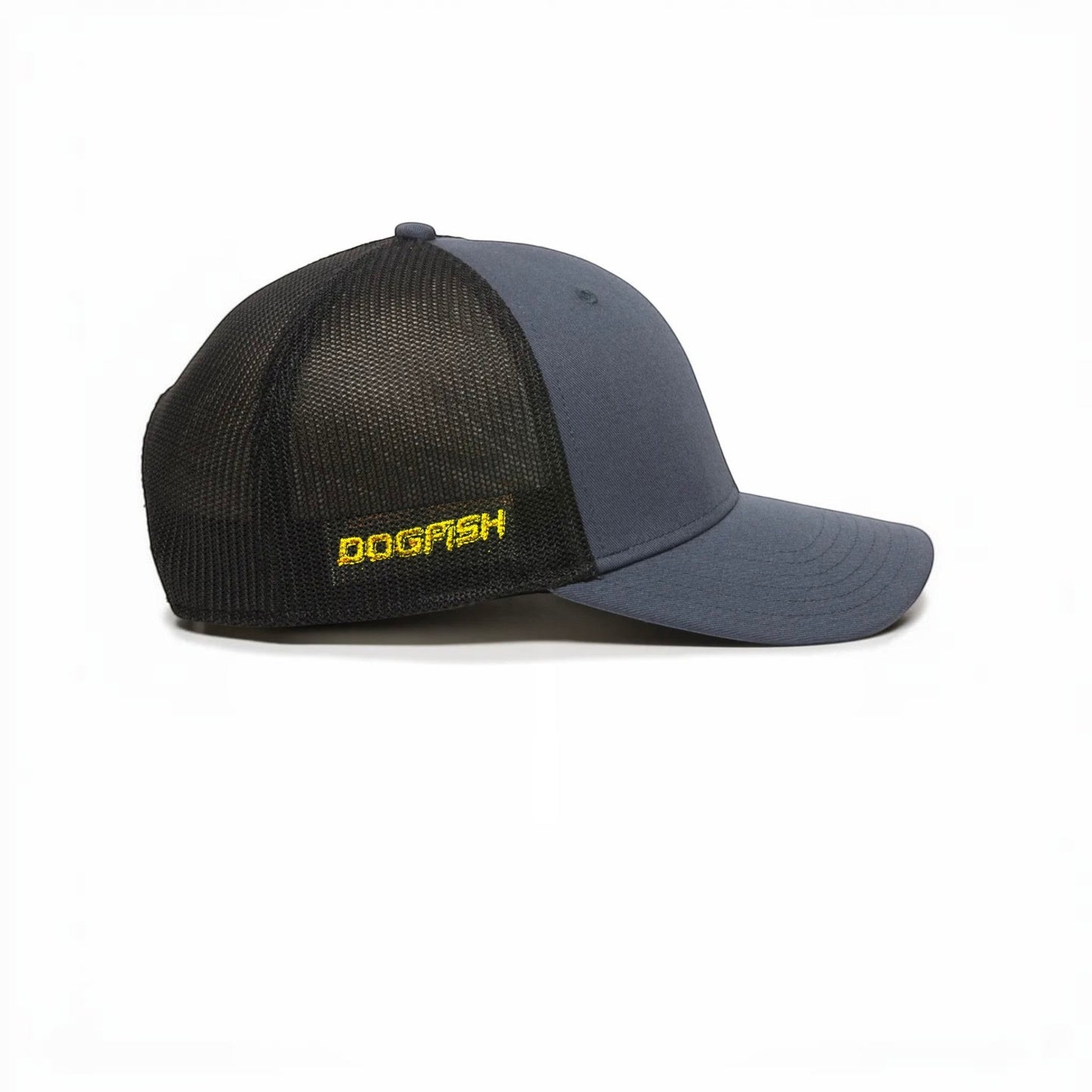 Dogfish Tackle & Marine grey trucker hat with black mesh back and yellow embroidered logo.