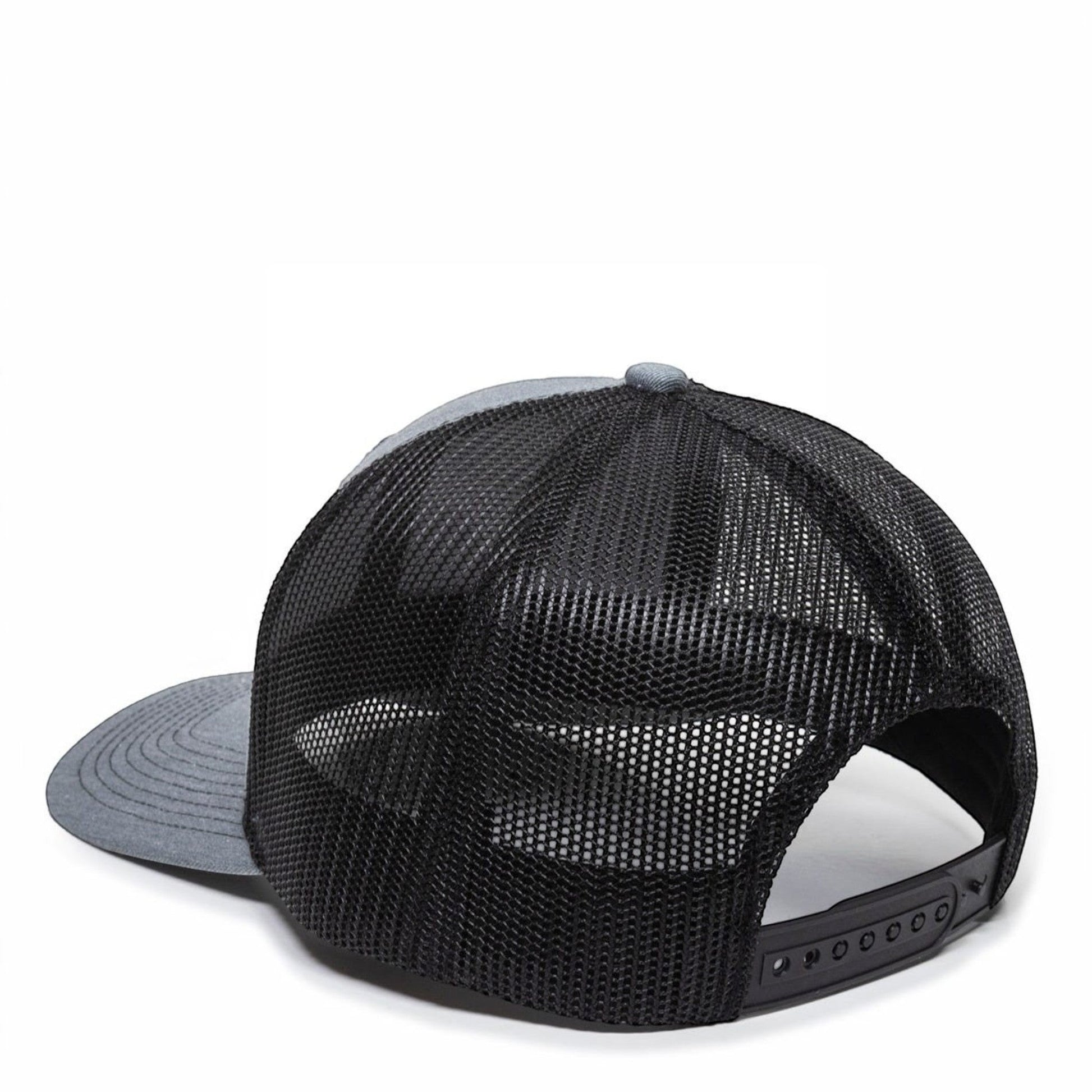 Dogfish Tackle & Marine grey trucker hat with black mesh back panels and plastic snap closure.