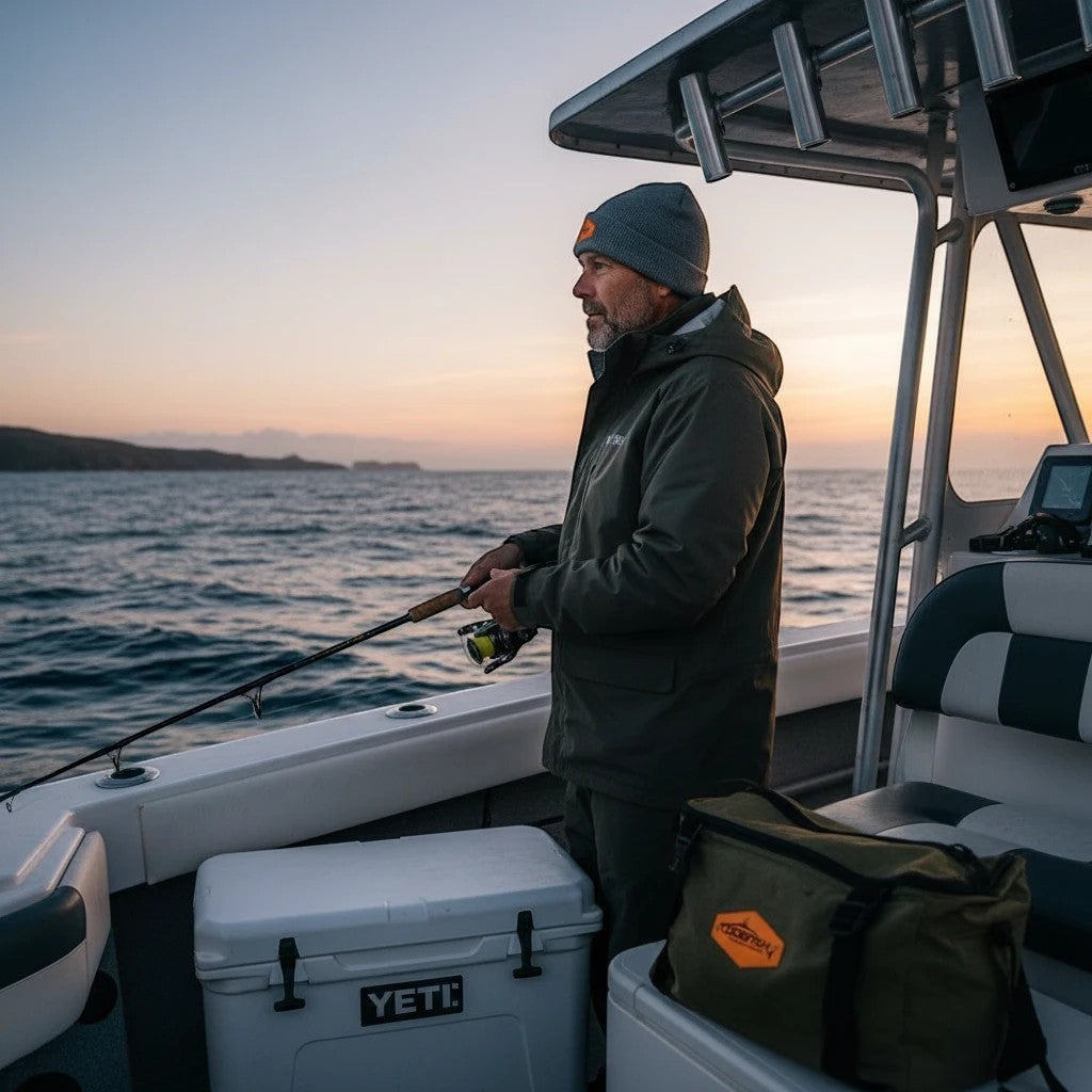 Dogfish Tackle & Marine grey polyester super stretch watch cap with orange leather patch logo, worn by a man fishing on a boat at sunset.