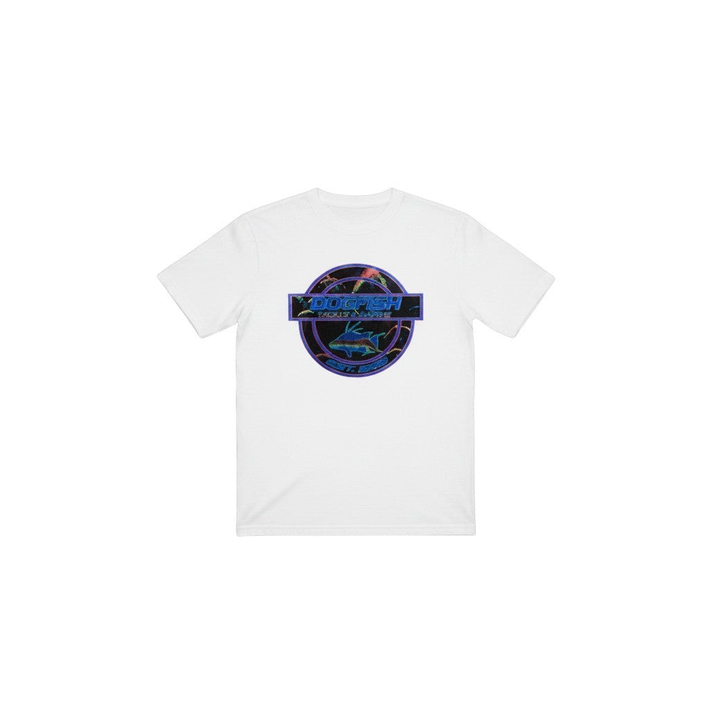 Dogfish Tackle & Marine white poly-cotton short sleeve t-shirt with circular hogfish logo graphic on back.