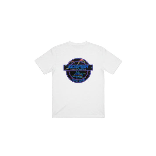 Dogfish Tackle & Marine white poly-cotton short sleeve t-shirt with circular hogfish logo graphic on back.