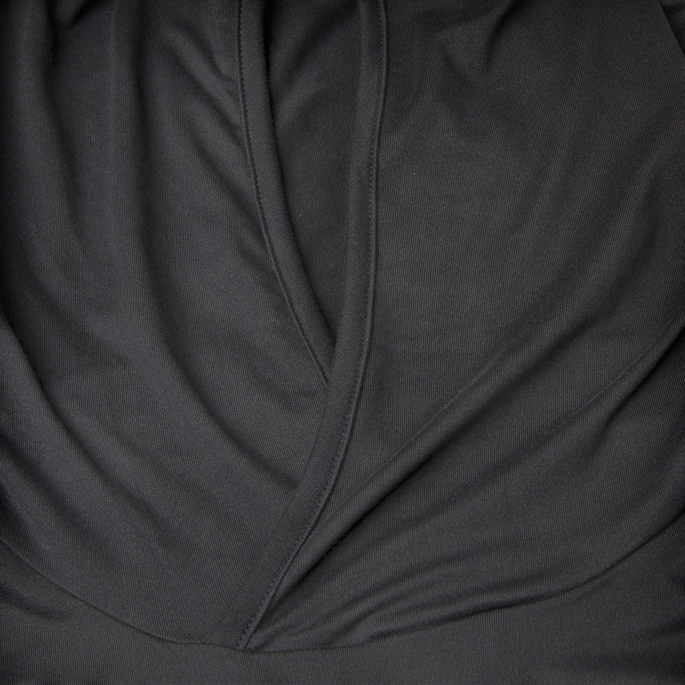 Dogfish Tackle & Marine dark grey hooded performance shirt with thumbholes and kangaroo pocket, made from recycled stretch fabric.