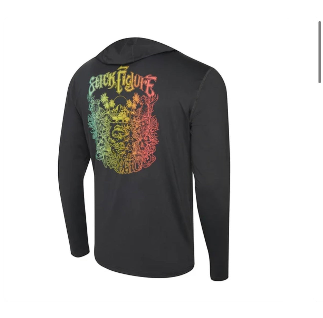 Dogfish Tackle & Marine black long-sleeve hooded performance shirt with colorful stick figure graphic on back. Features thumbholes.