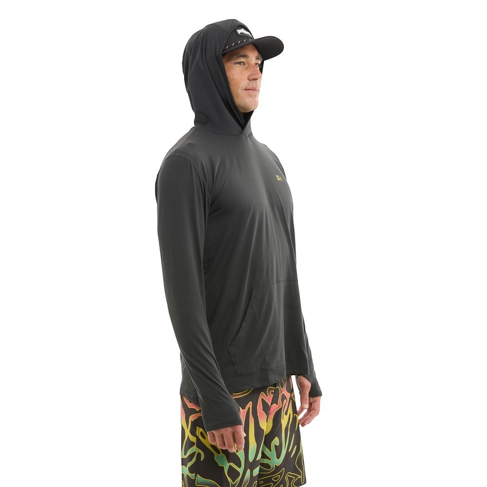 Dogfish Tackle & Marine dark grey hooded long-sleeve shirt with thumbholes and kangaroo pocket, made from recycled fabric.