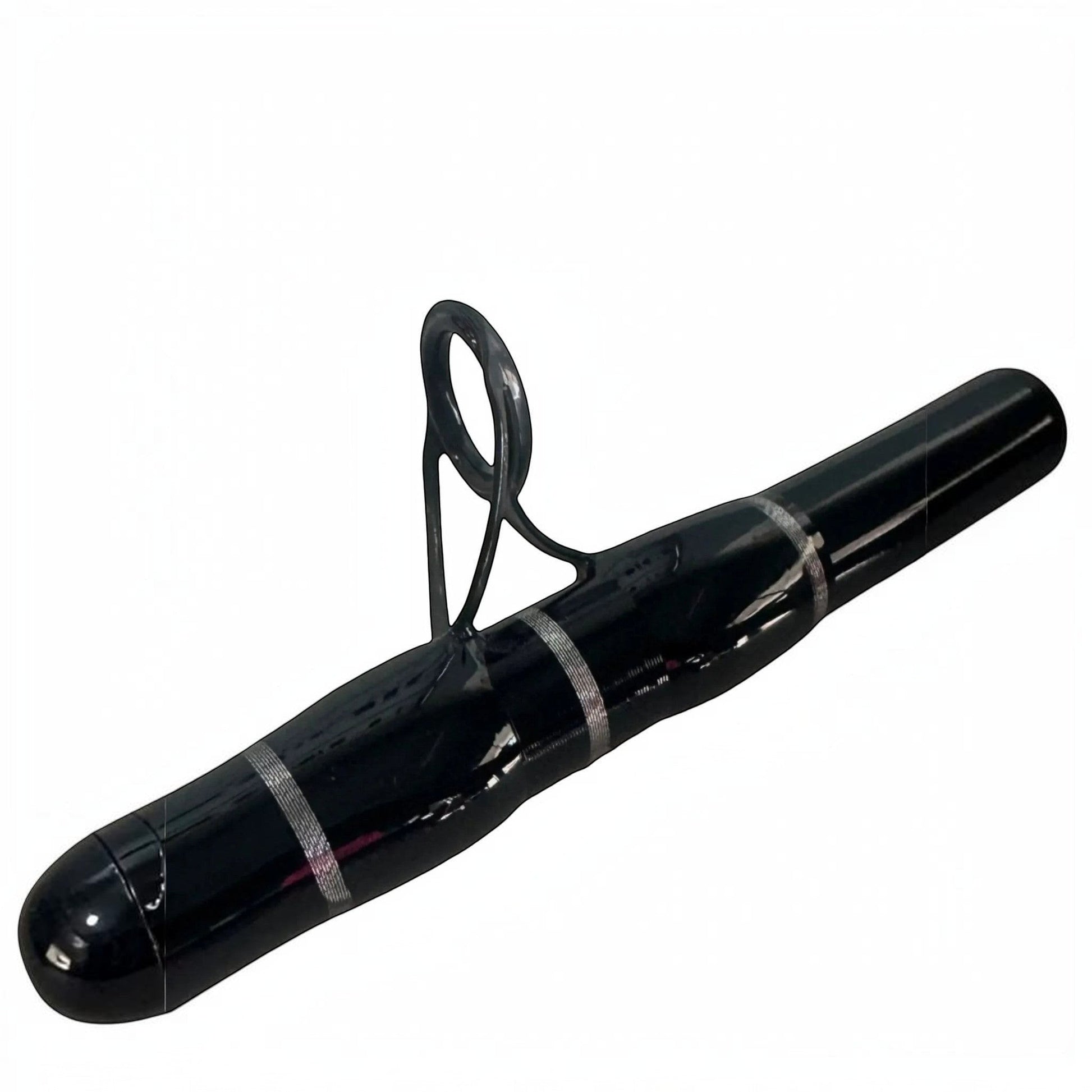 Dogfish Tackle & Marine black E-glass conventional fishing rod with Fuji guides and aluminum gimbal.