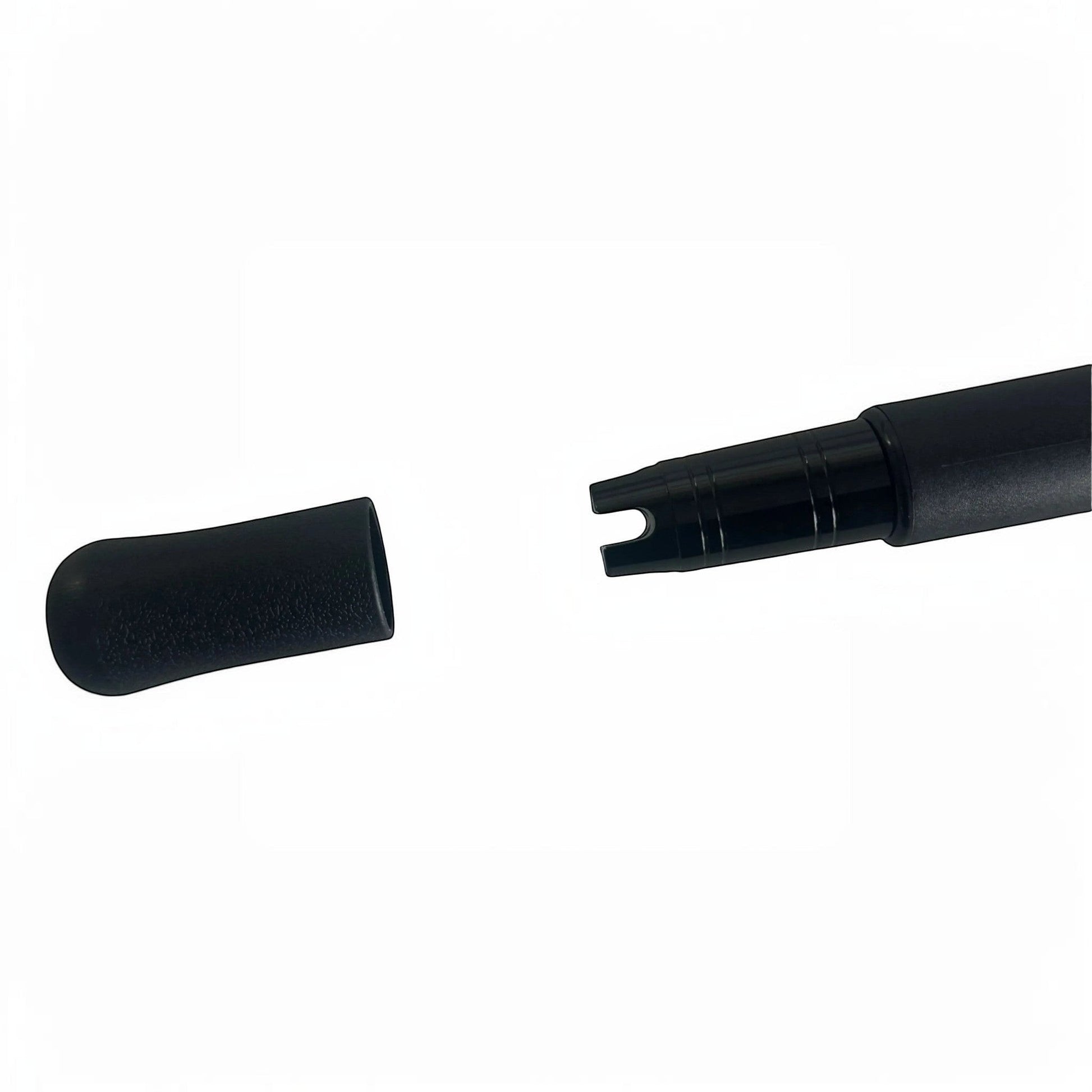 Dogfish Stik Kingfish Series conventional fishing rod tip with protective cap nearby. Black E-glass blank.