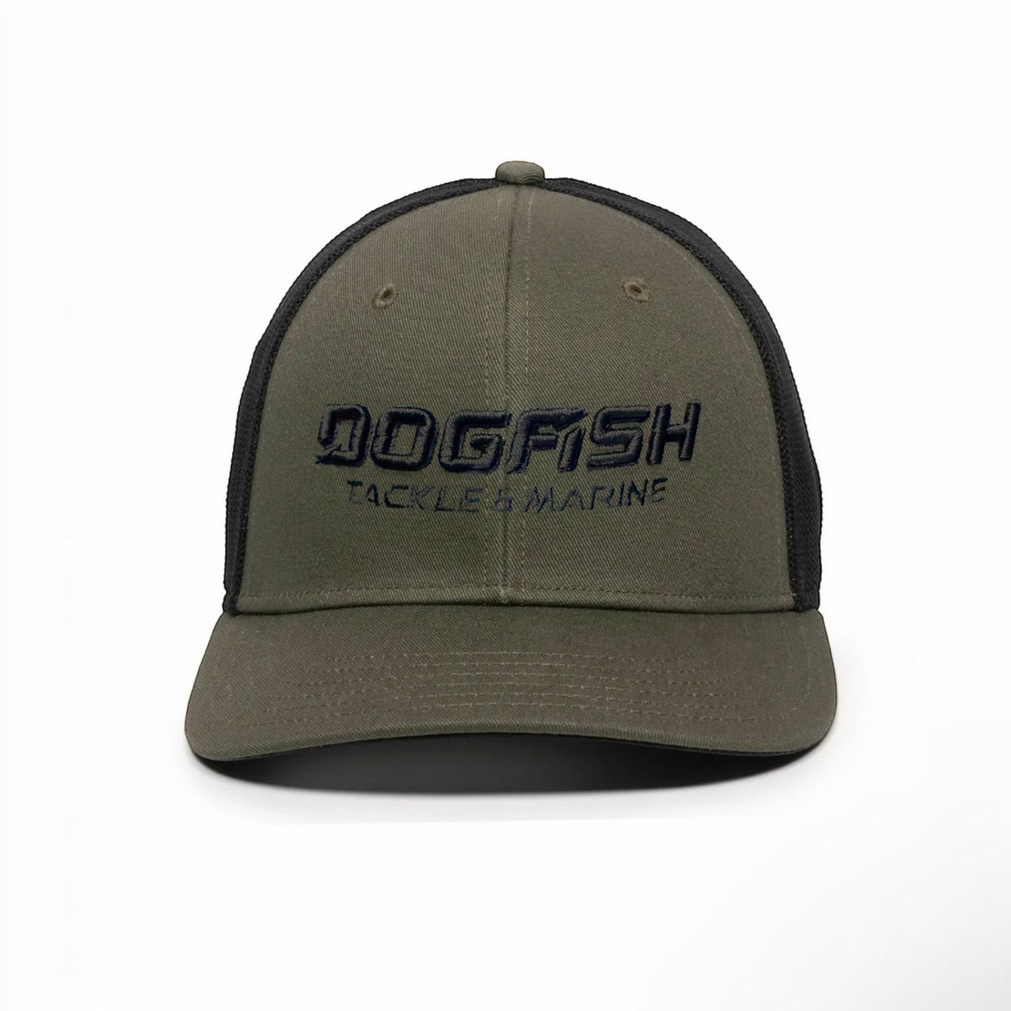 Dogfish Tackle & Marine olive green trucker hat with black mesh back and embroidered logo.