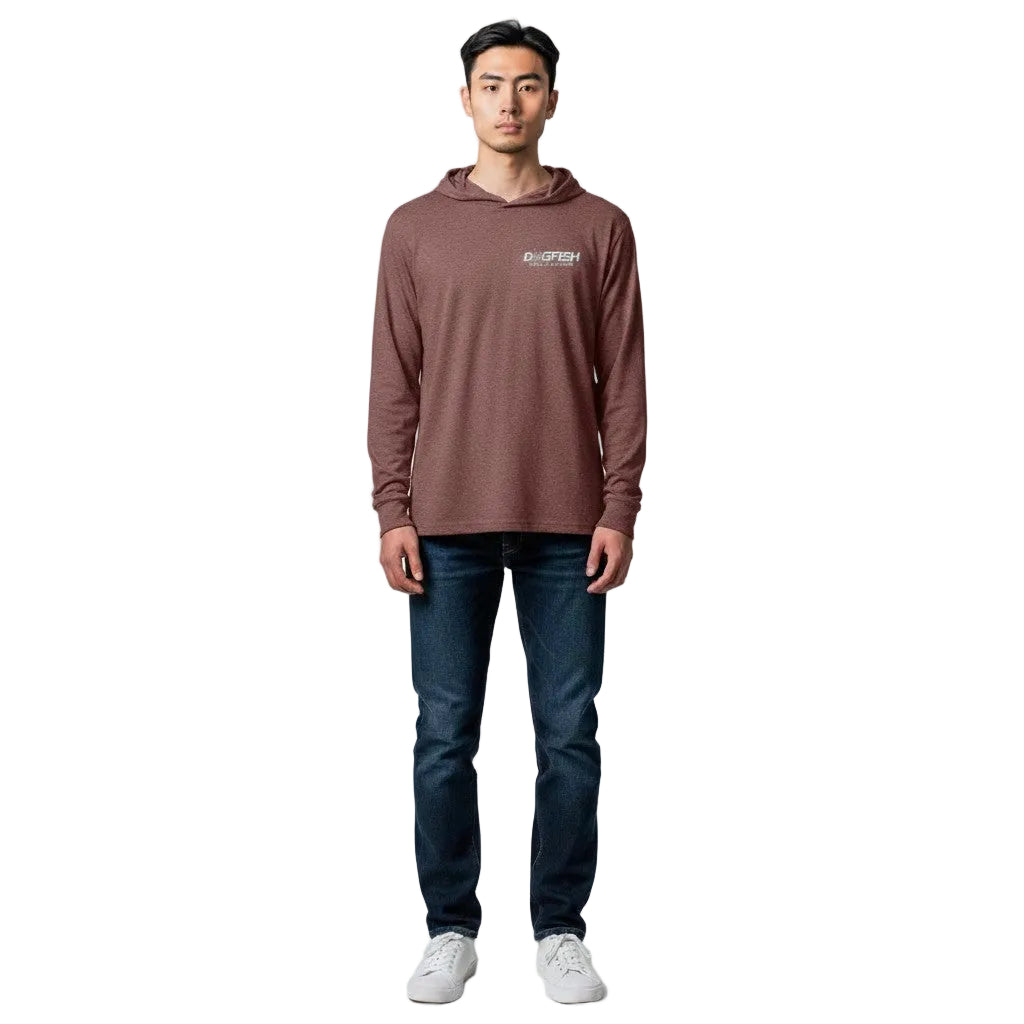 Dogfish Tackle & Marine long sleeve hooded performance polyester shirt in heathered maroon with Unchained Logo.