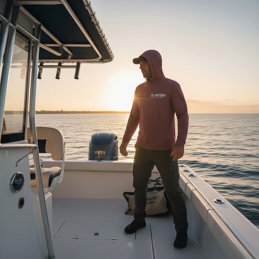 Dogfish Tackle & Marine maroon long sleeve hooded performance polyester shirt with Unchained Logo on chest, worn by a man on a boat at sunset.