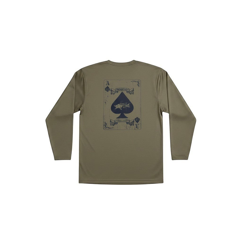 Dogfish Tackle & Marine long sleeve olive microfiber shirt with spade card graphic featuring a fish.