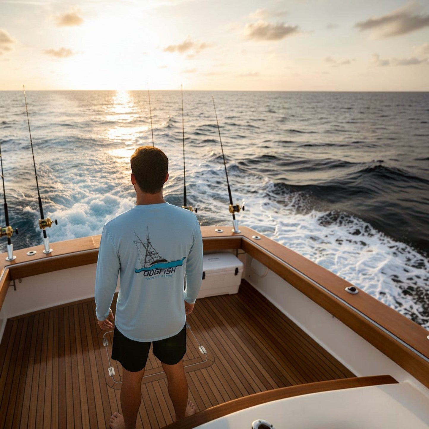 Dogfish Tackle & Marine light blue microfiber long sleeve shirt with a boat graphic on the back.