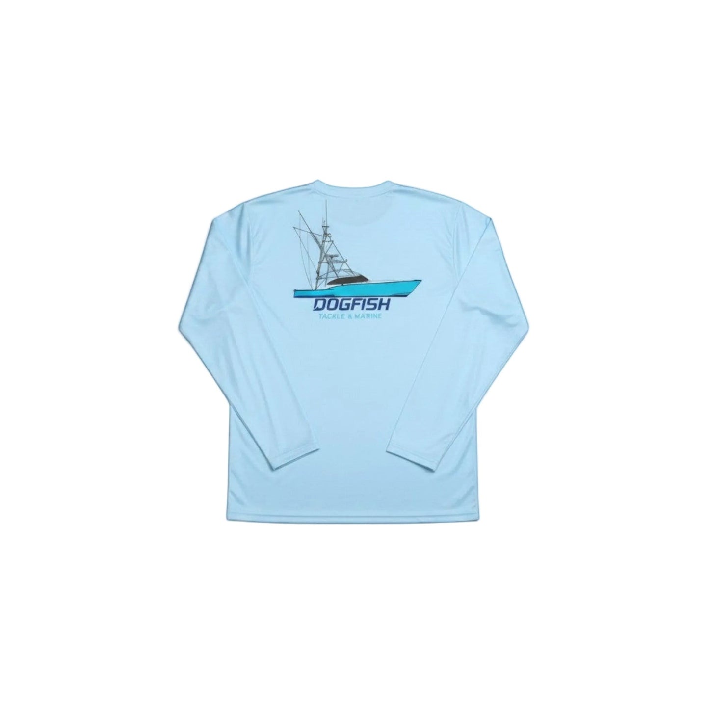 Dogfish Tackle & Marine light blue long sleeve microfiber shirt with a graphic of a sport fishing boat on the back.