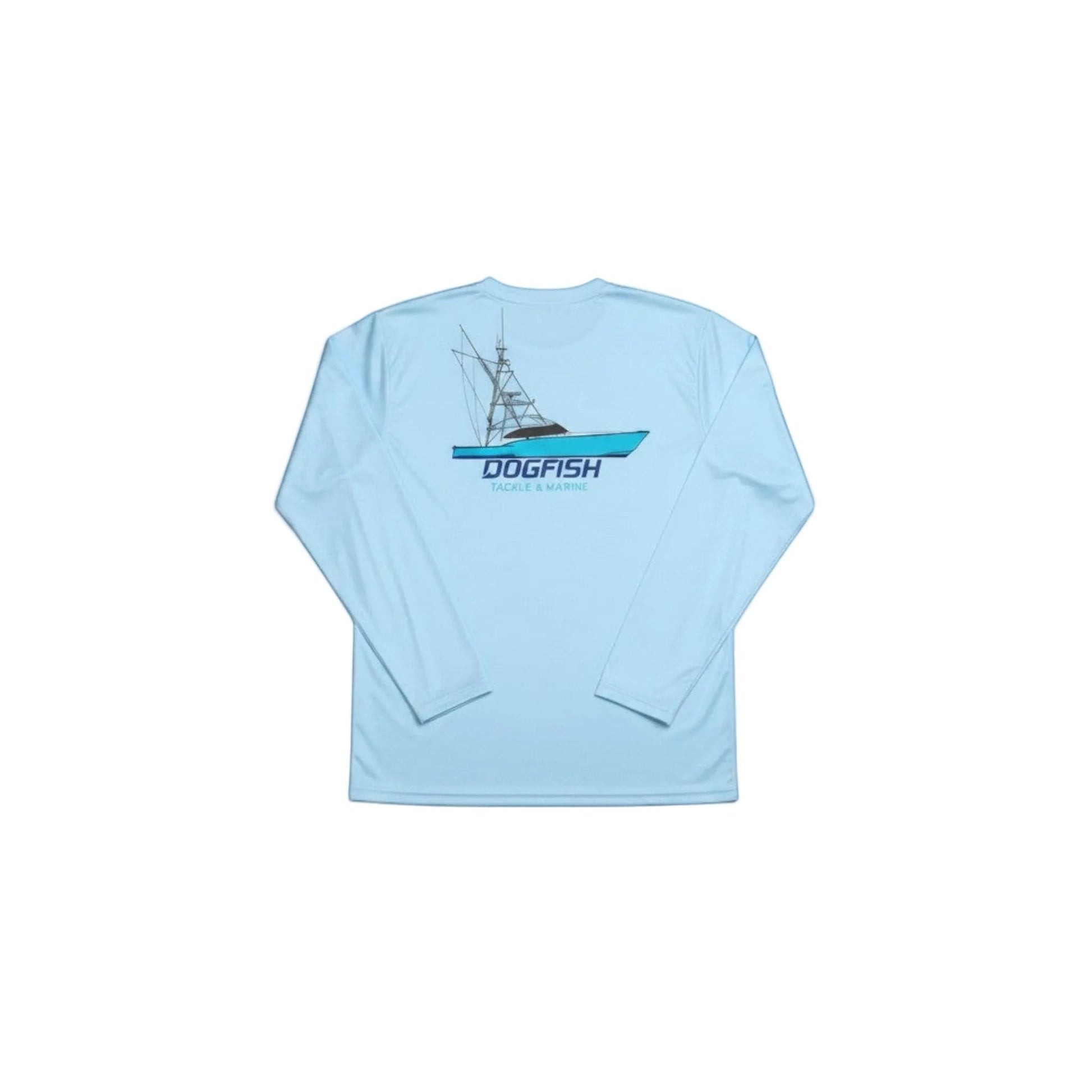 Dogfish Tackle & Marine light blue long sleeve microfiber shirt with a graphic of a sport fishing boat on the back.