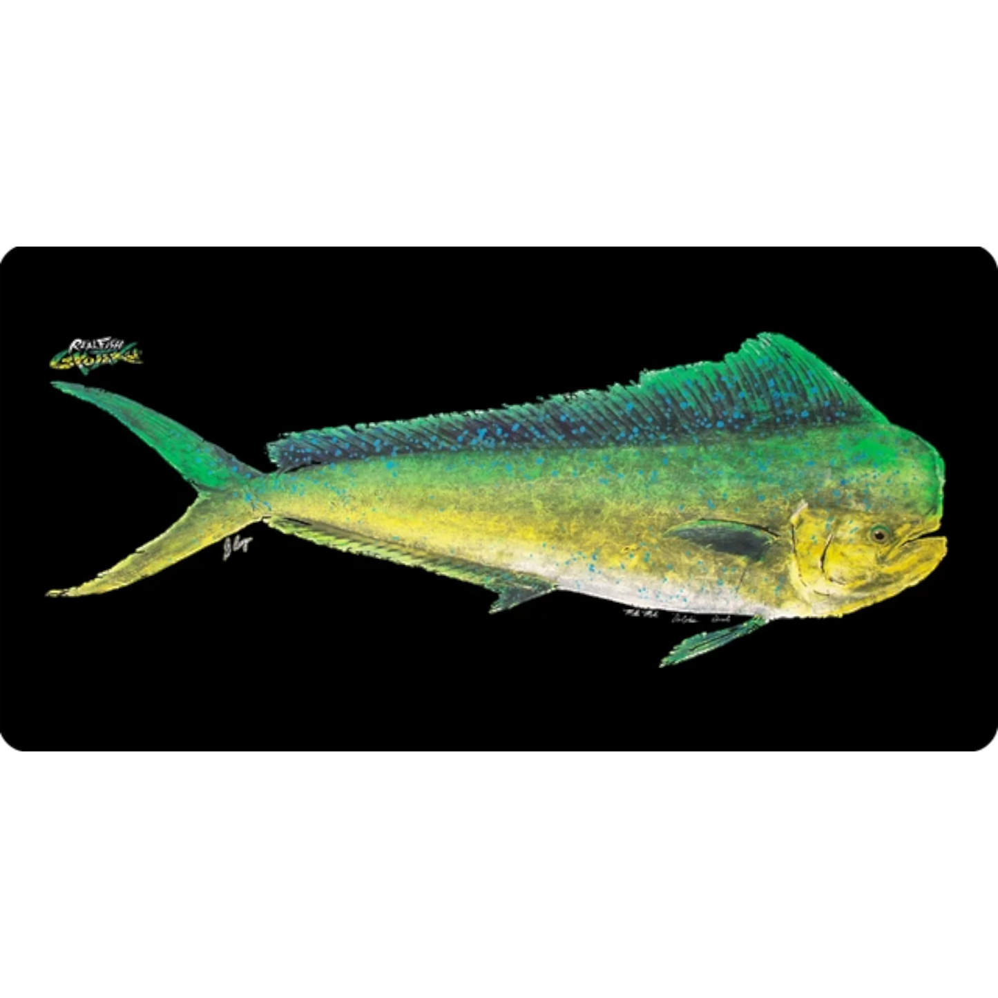 Dogfish Tackle & Marine large mouse pad featuring a vibrant green and yellow mahi-mahi fish gyotaku print on black