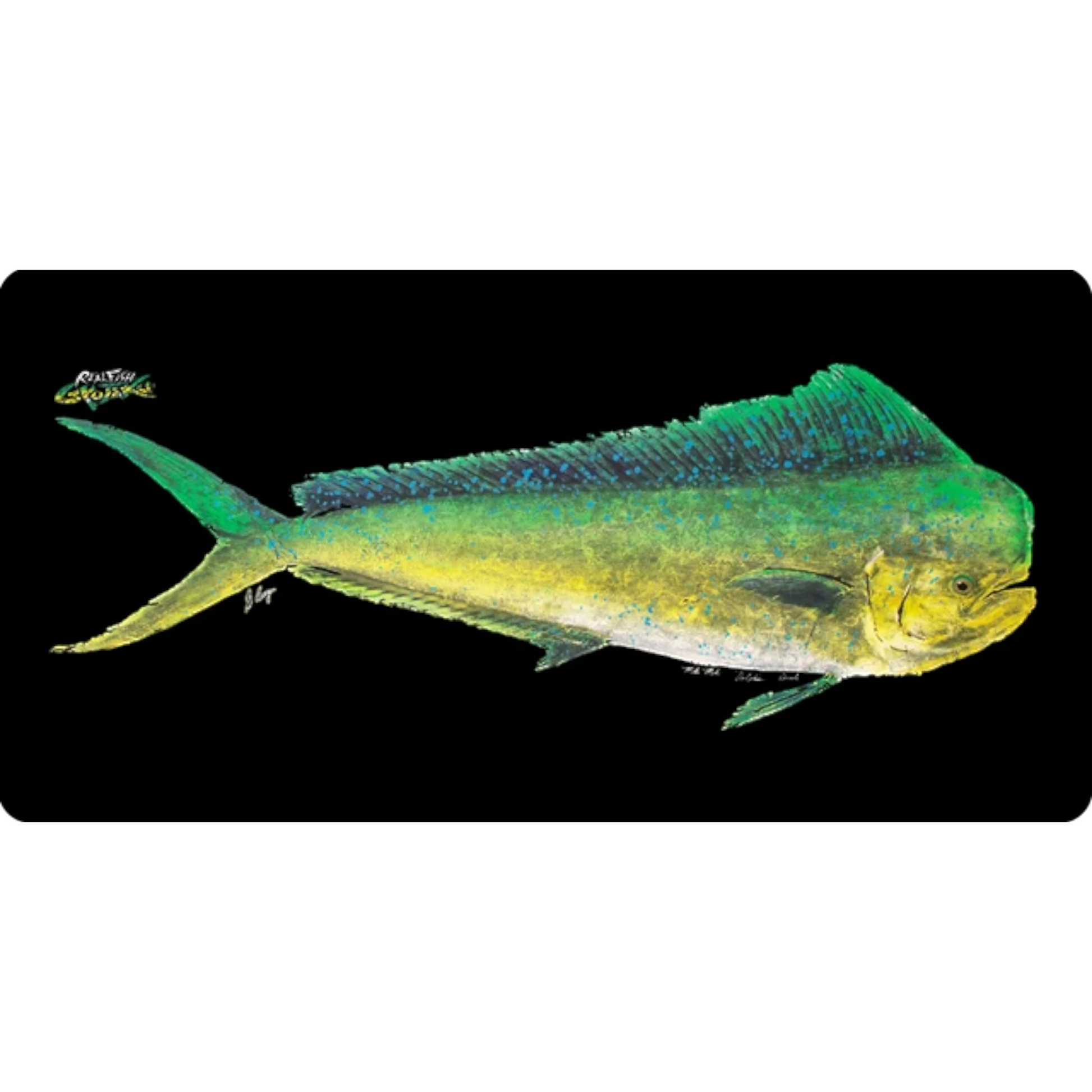 Dogfish Tackle & Marine large mouse pad featuring a vibrant green and yellow mahi-mahi fish gyotaku print on black