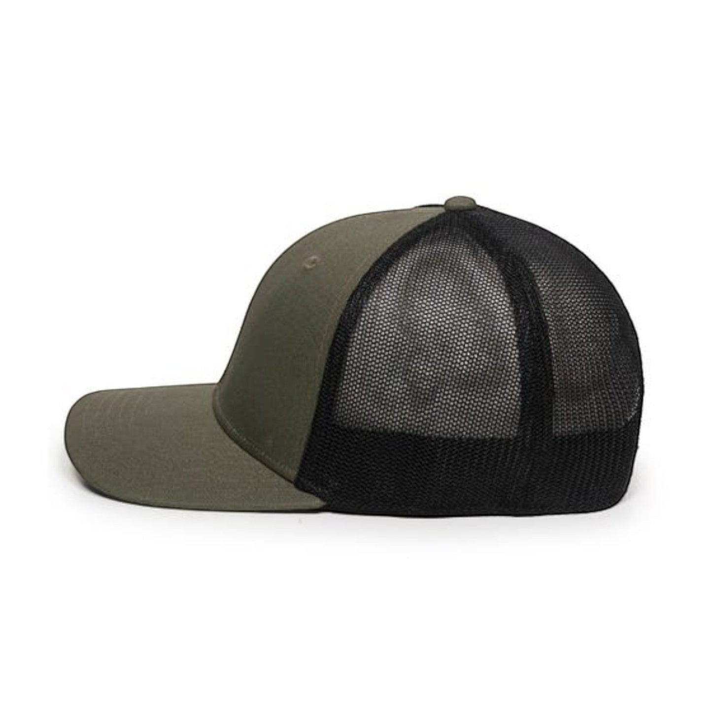 Dogfish Tackle & Marine olive green and black mesh back trucker hat with adjustable strap