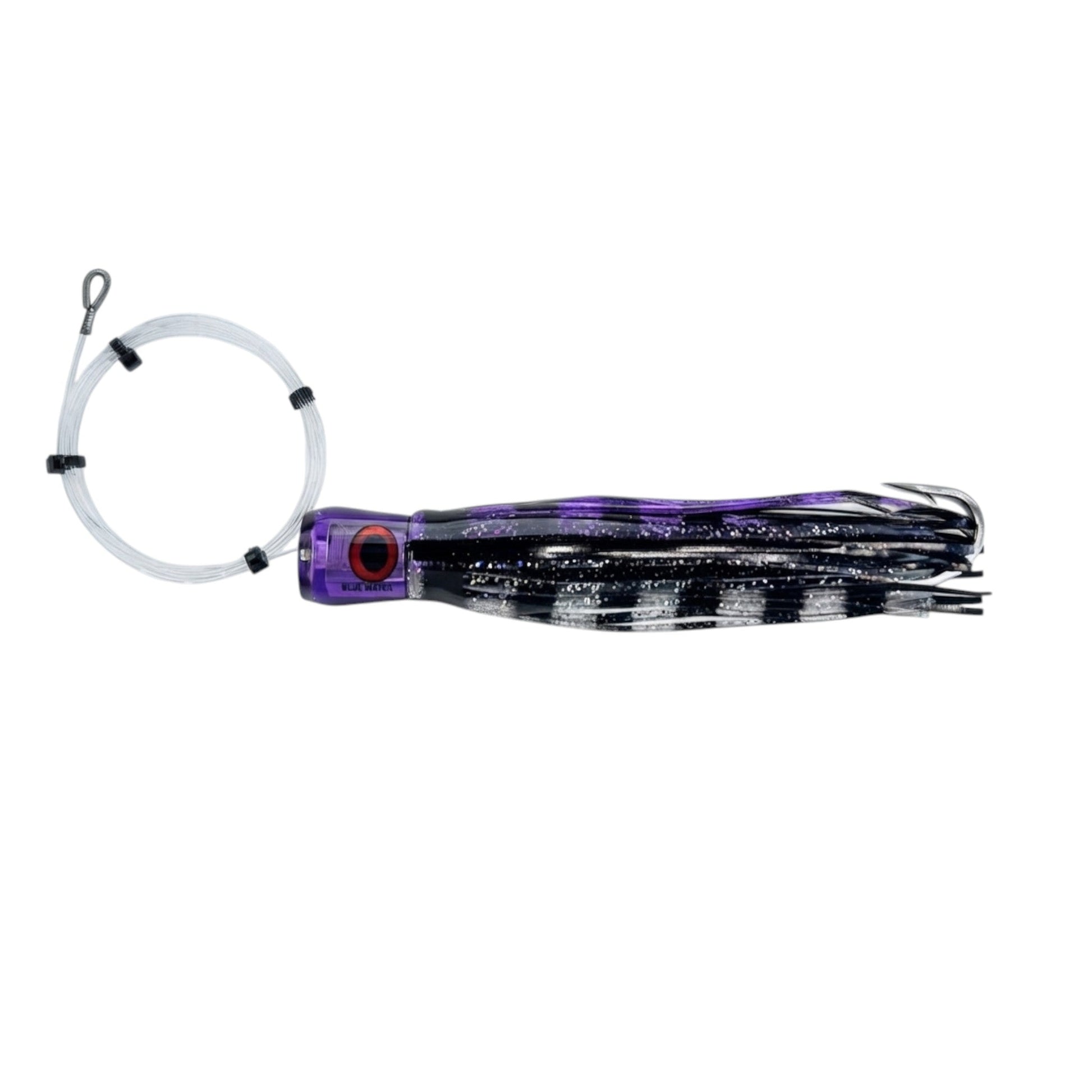 Dogfish Tackle & Marine pre-rigged Mutha Chugga trolling lure with a purple head and black and silver skirt