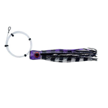 Dogfish Tackle & Marine pre-rigged Mutha Chugga trolling lure with a purple head and black and silver skirt