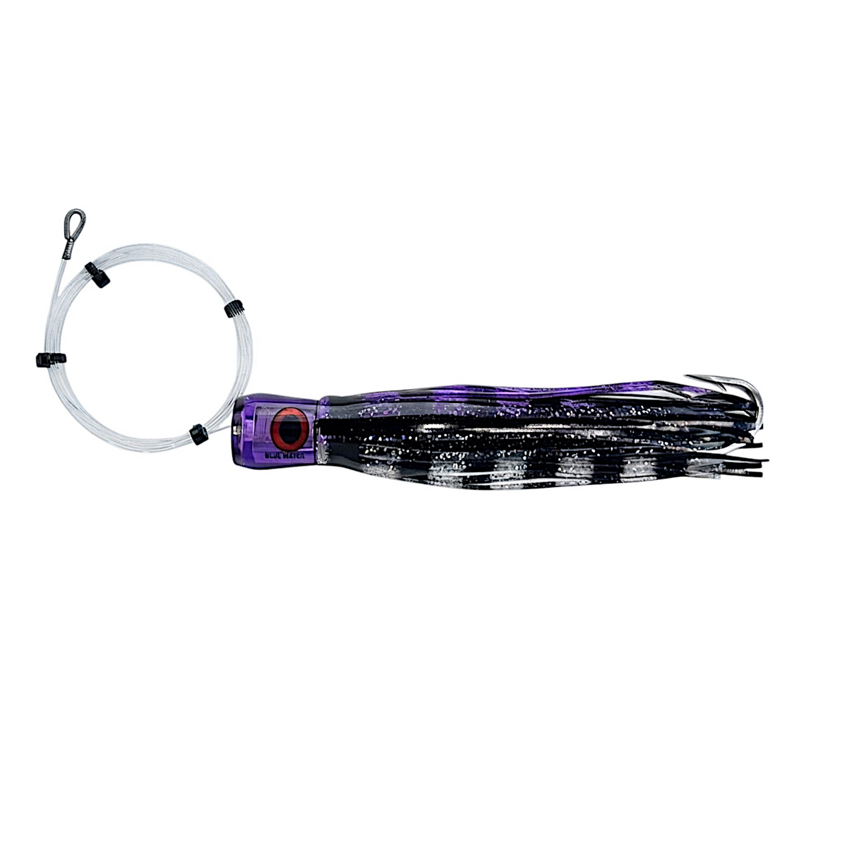 Dogfish Tackle & Marine pre-rigged Mutha Chugga trolling lure with a purple head and black and silver skirt