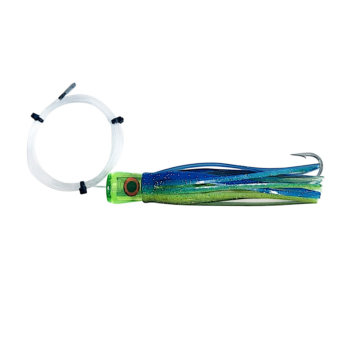 Dogfish Tackle & Marine Mutha Chugga trolling lure with green and blue skirt, stainless steel hook, and monofilament.