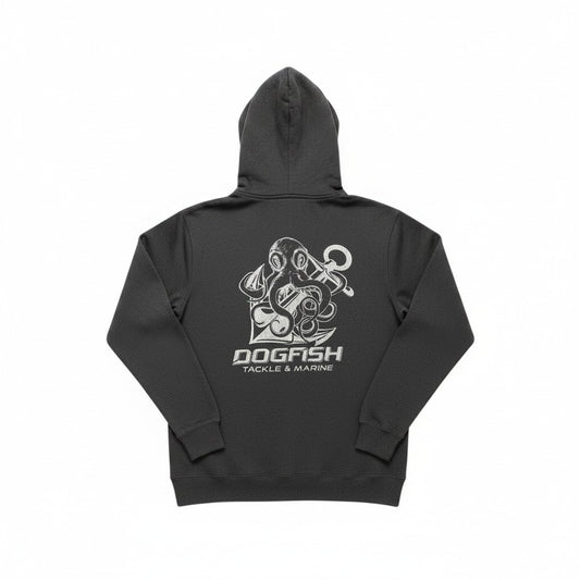 Dogfish Tackle & Marine dark grey cotton blend zip-up hoodie with octopus and anchor logo on chest.