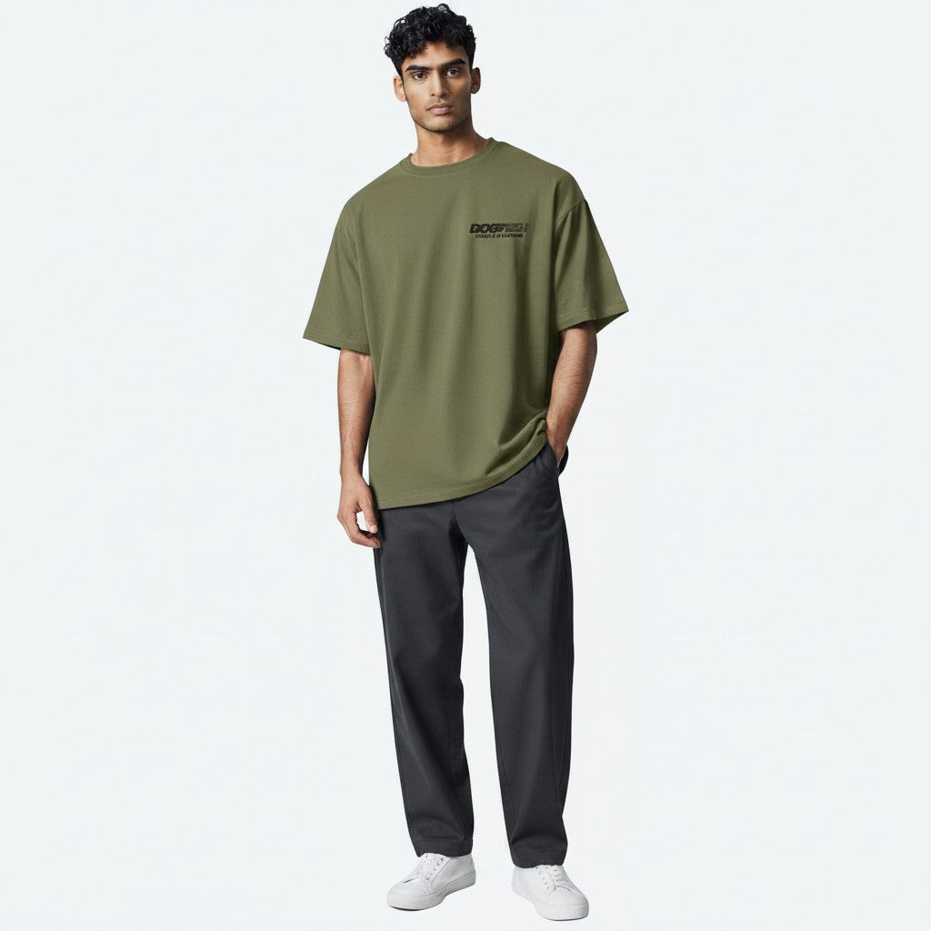 Dogfish Tackle & Marine olive green cotton t-shirt with crew neck and short sleeves, featuring a small black graphic on the chest.