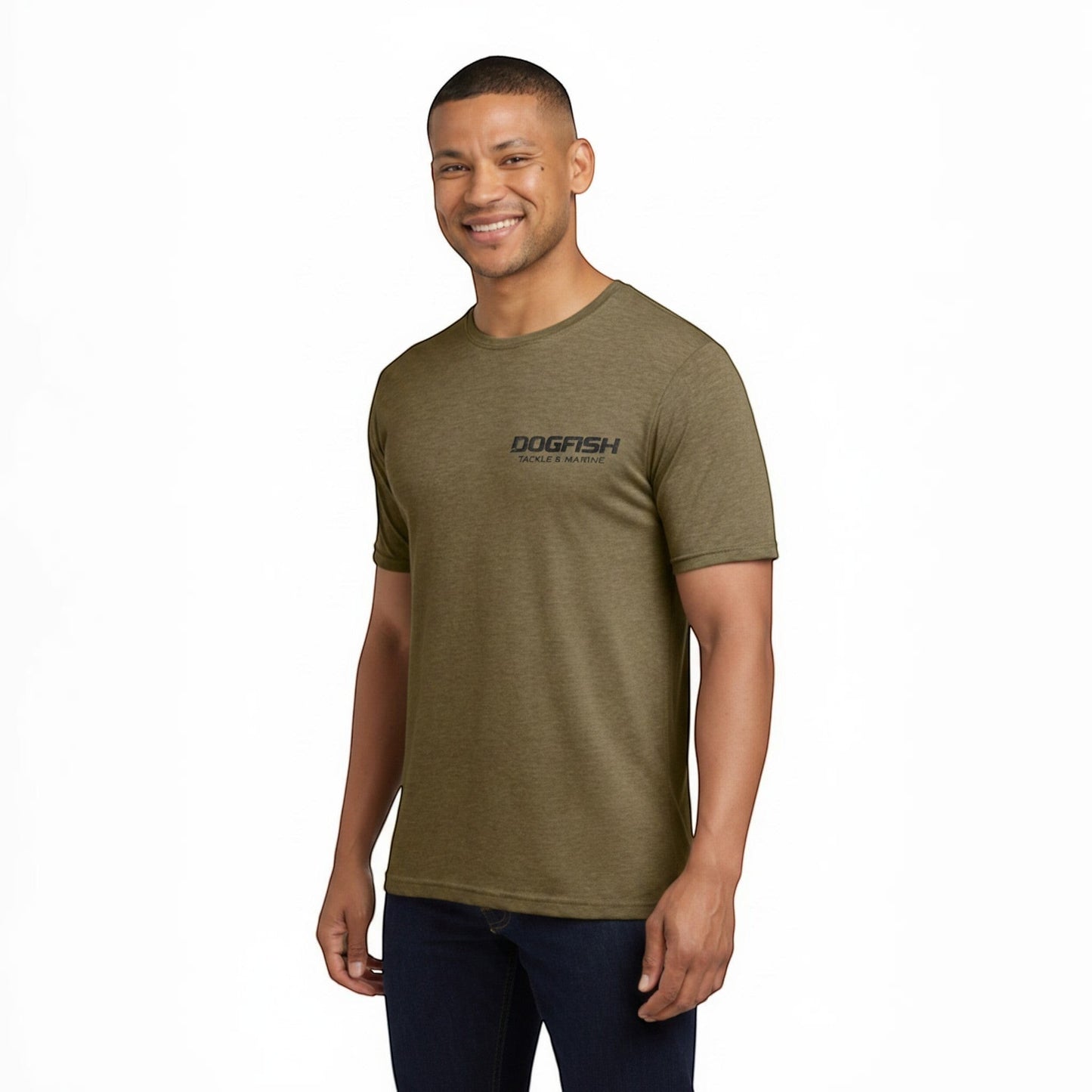 Dogfish Tackle & Marine olive green heather short sleeve t-shirt with chest logo. Poly-cotton blend.